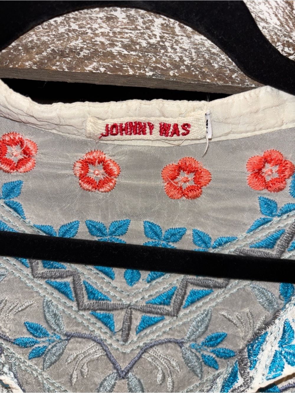 Johnny Was Embroidered Floral V Neck Tunic Top in Blue//Gray - Picture 2 of 5